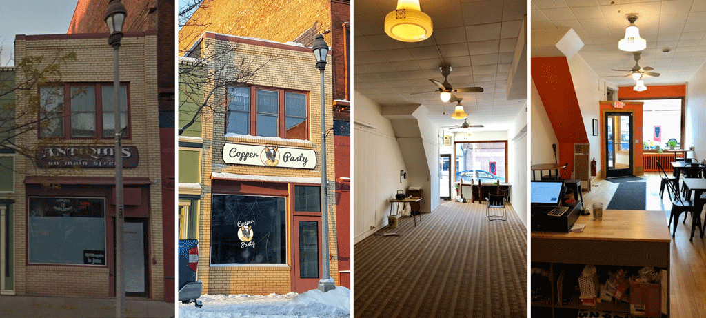 Before-and-after images of the façade and first floor on 417 Main Street W