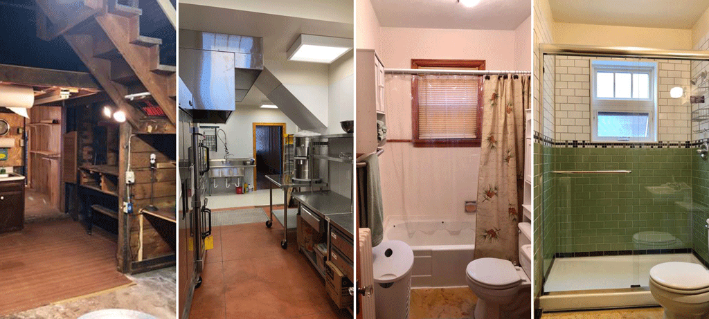 Before-and-after images of the basement and upper-floor renovations at 417 Main Street W