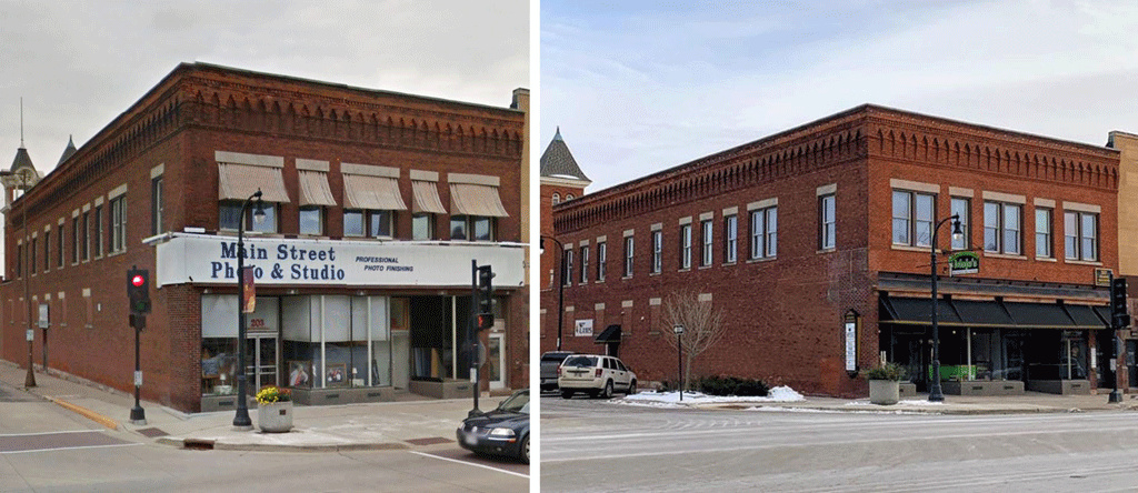 Images of Deming Building before and after facade renovation