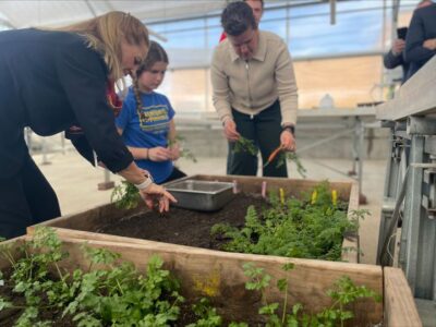 Educators and students harvest a crop of vegetables with Secretary Missy Hughes.
