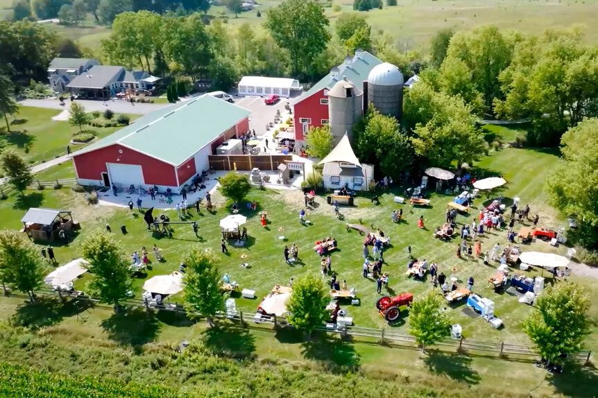 An aerial view of a farm and barn during a Top Chef Season 21 challenge. 