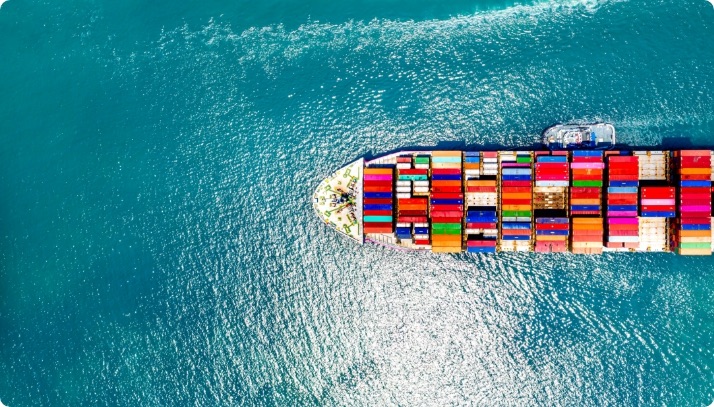 An aerial view of a cargo ship.