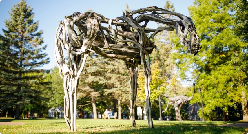 A horse sculpture at an outdoor sculpture park.