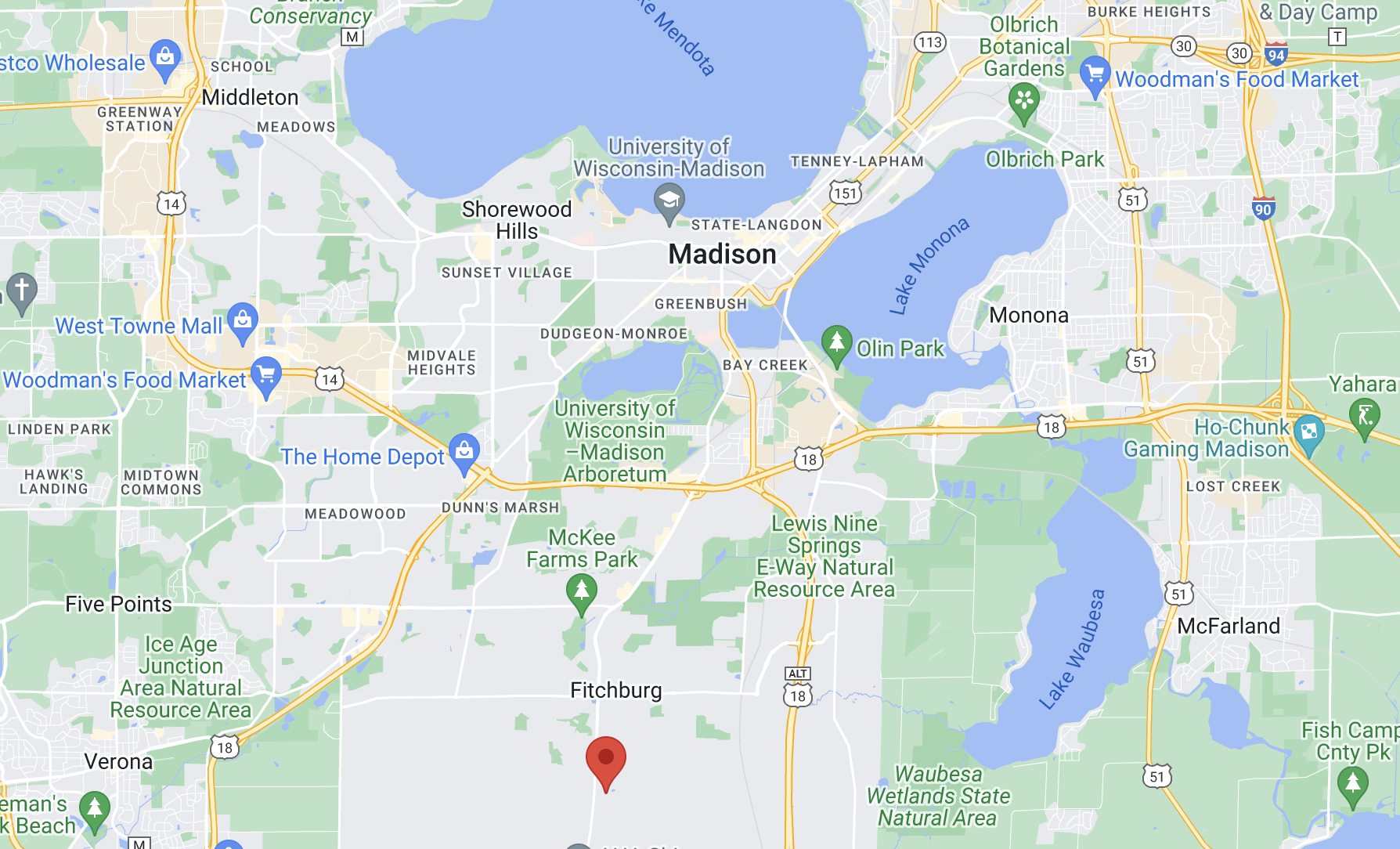 Map of Madison area highlighting Fitchburg