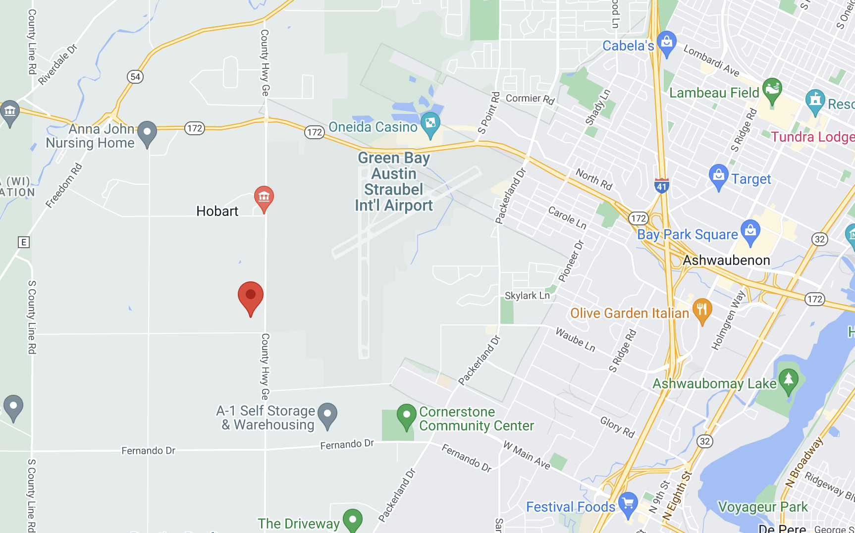 Map of Green Bay area highlighting Hobart, WI.