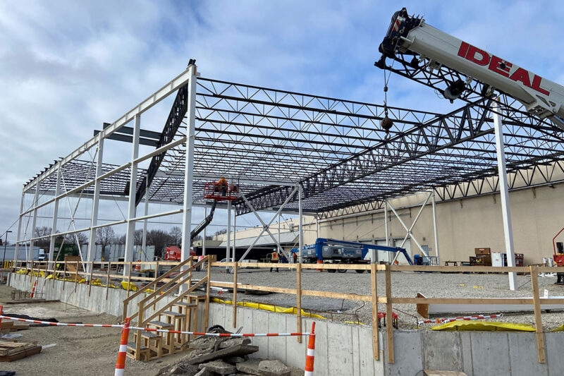 Picture of steel infrastructure going up at Purina's Jefferson factory.