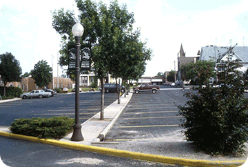 Parking lot with landscaping of trees and shrubs