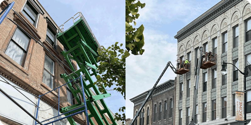 Image of workers repairing a building façade on scissor lift