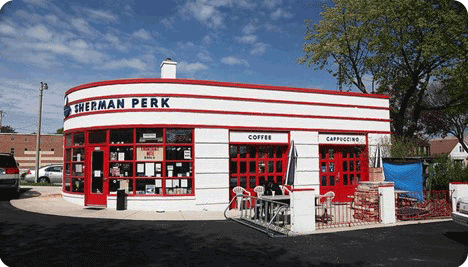 Renovated gas station converted into a coffee shop.