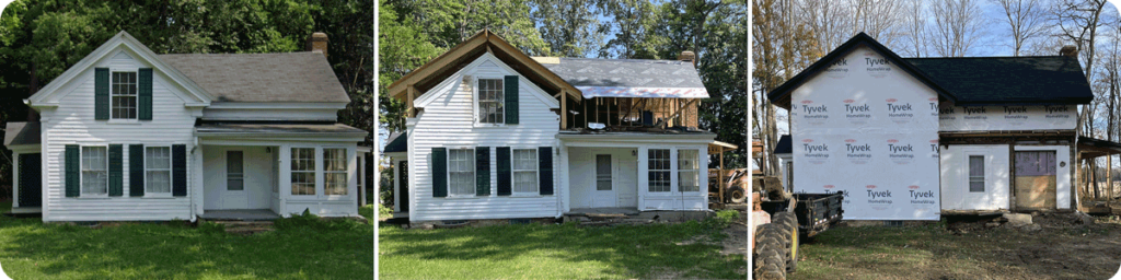 Image shows three images of a house as it transitions stages of remodeling