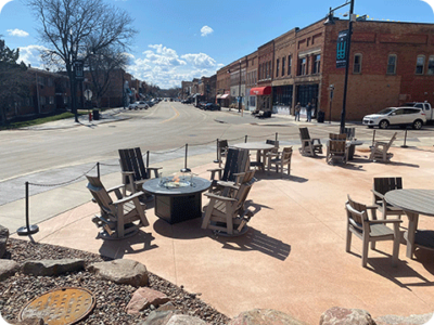 Danes Hall Plaza with Furniture Outdoor tables and chairs on a plaza.