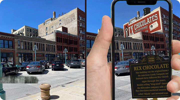 Side-by-side images of images building with normal view and an augmented reality view.