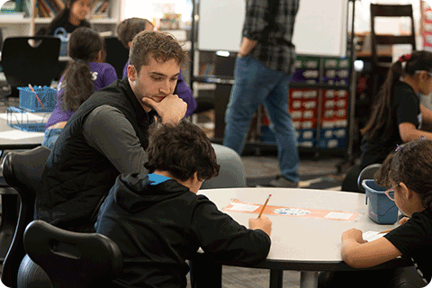 A teacher working on an assignment with two students.