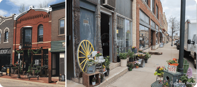 Two unique store fronts with merchandise display outside.