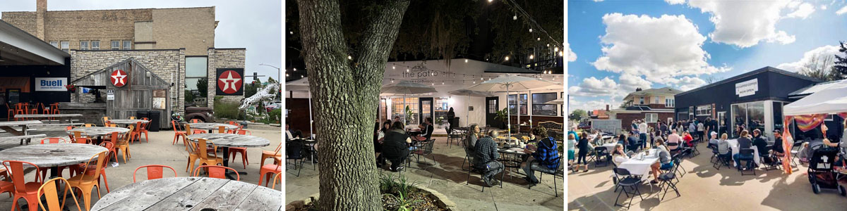 Image displays unique ways that communities converted parking lots into outdoor seating.