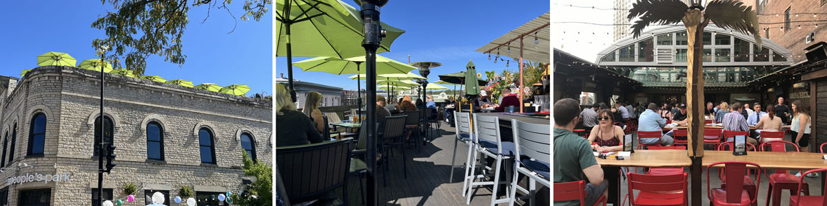 Image displays ways that communities are using rooftops for outdoor dining.