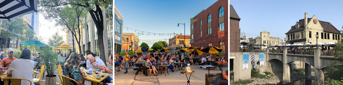 Image shows how communities have closed off side streets to provide outdoor seating.