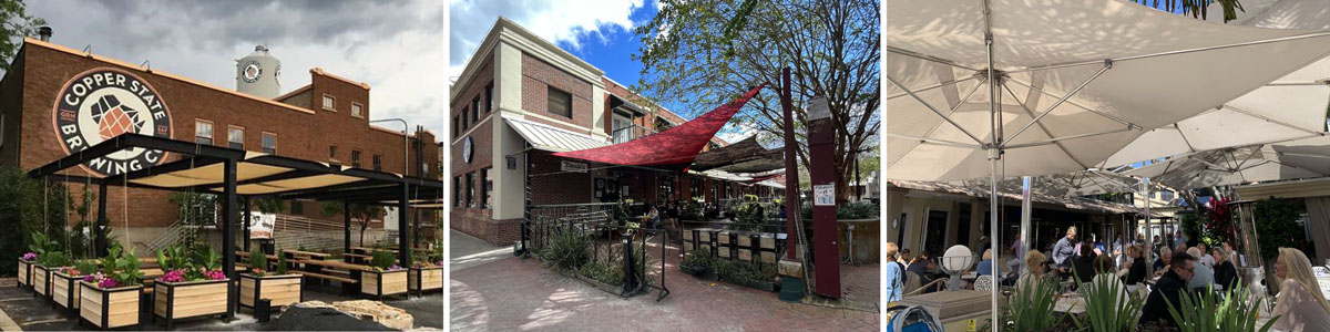 Image shows some options for providing shade areas for outdoor seating.