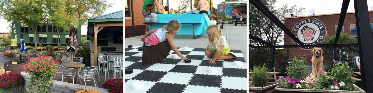 Image displaying different design features, amenities, and activities in an outdoor dining space.