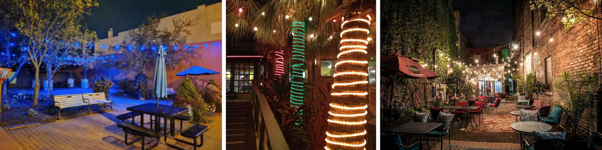 Image displays options for setting the atmosphere of an outdoor space using lighting.