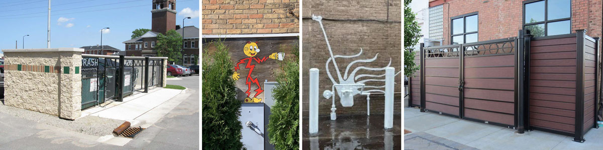 This images shows three ways to creatively hide trash bins and utilities.