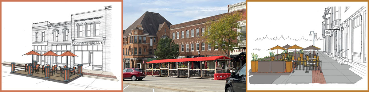 Artist's rendering of parklets - temporary structures that extend outdoor seating into an on-street parking space or two.