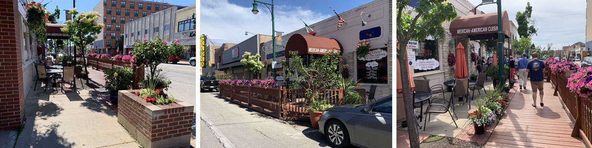Image displays options for outdoor seating on the sidewalk, and pedestrian traffic is routed onto a pedlet.