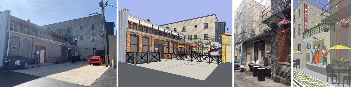 Image displays artists renderings of options for converting alley space into outdoor seating.