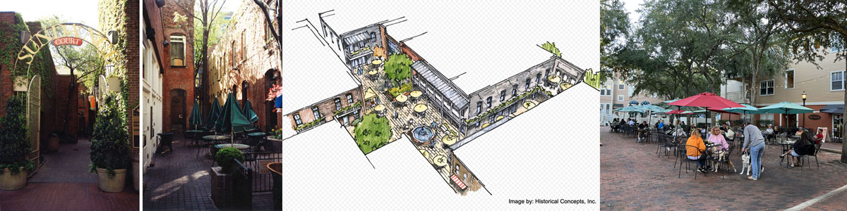 Image presents outdoor spaces that are shared by multiple businesses.