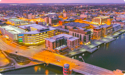 Ariel view of downtown Green Bay at night.