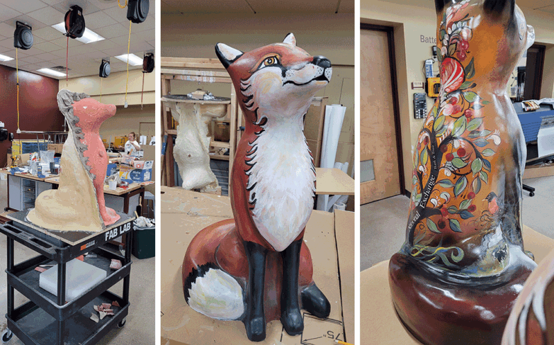 Three examples of 40-inch-tall fox statues.
