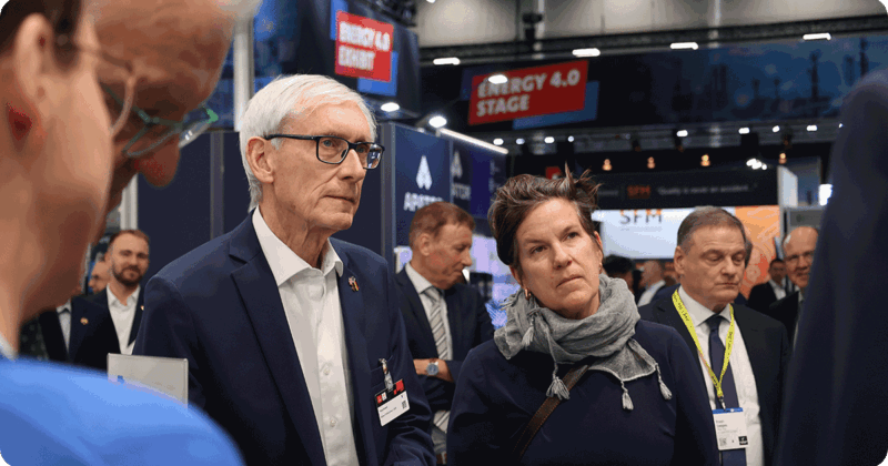 Governor Tony Evers and WEDC Secretary Missy Hughes at the Hannover Messe Trade show.