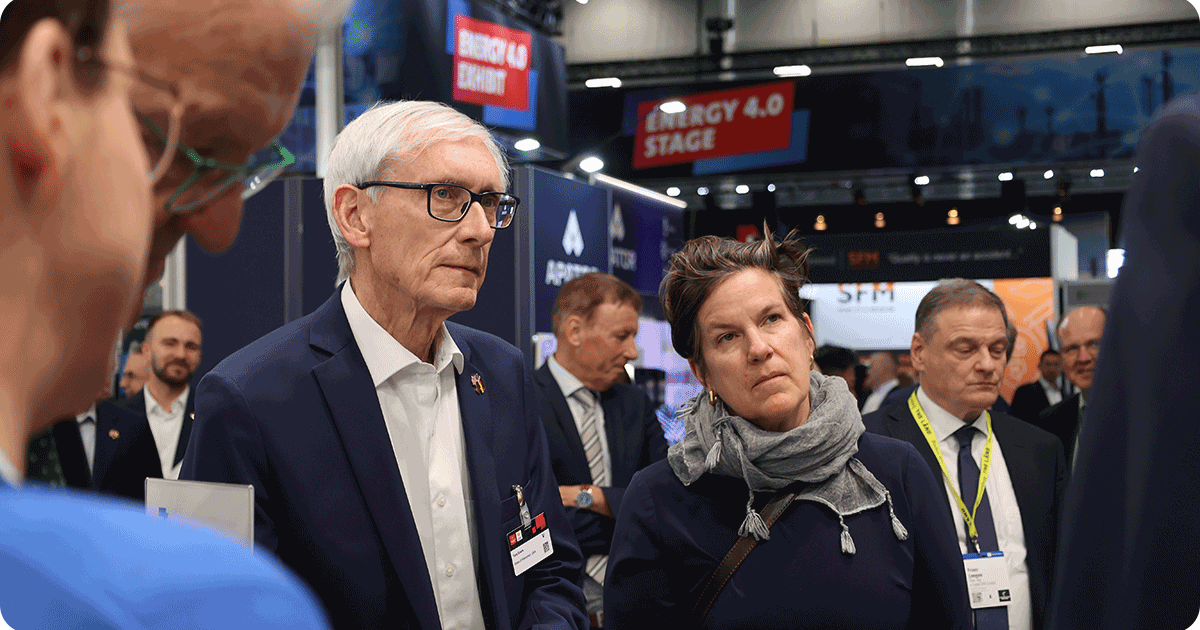 Governor Tony Evers and WEDC Secretary Missy Hughes at the Hannover Messe Trade show.