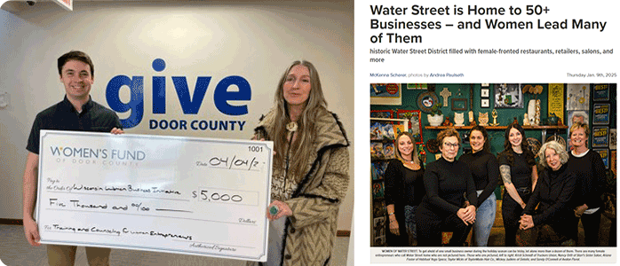 2 images side-by-side. One showing a big donation check and the other showing women entrepreneurs.