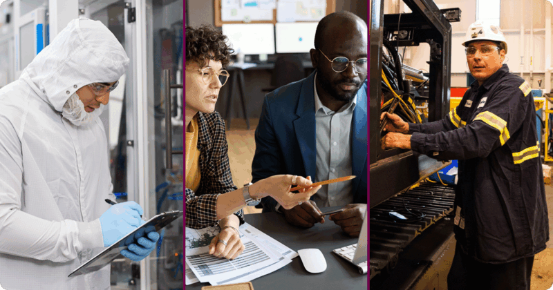 Image collage of three panels. A biohealth worker, two people viewing a computer screen, and a man repairing construction equipment.