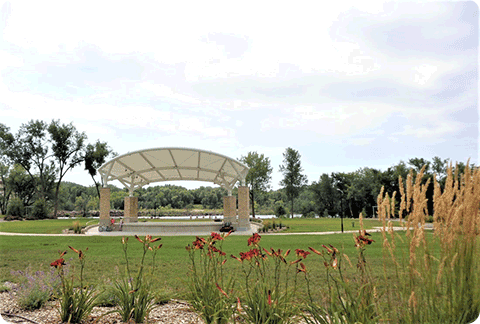 Outdoor stage for music and public ceremonies at Riverside Park in Chippewa Falls Wisconsin.