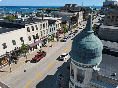 Aerial view of downtown Port Washington Wisconsin.
