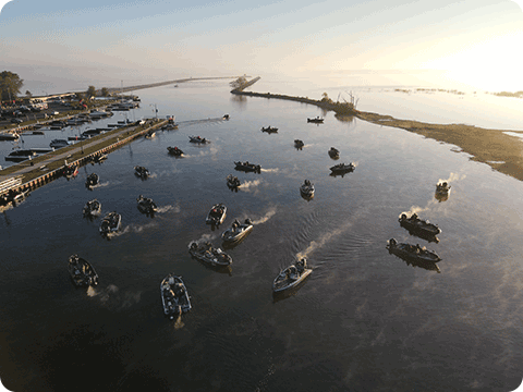 Ariel shot of boats on water at Breakwater Park and Harbor, Oconto.