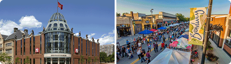 Image collage of buildings in downtown Milwaukee and Green Bay. 