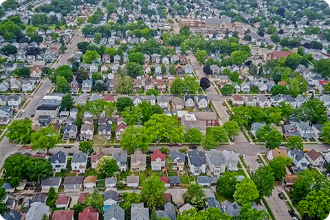 Aerial photo of downtown Racine urban neighborhood. 