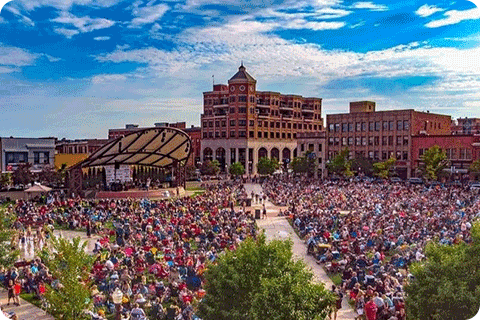 Aerial photo of outdoor concert in downtown Wausau. 