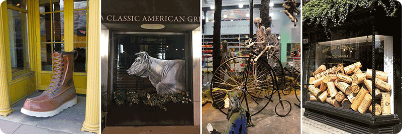 Examples of oversized items displayed in windows.