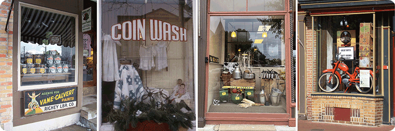 Antique and vintage items displayed in window.