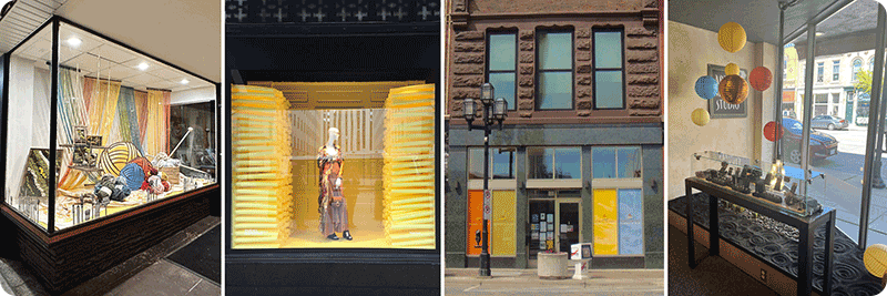 Examples of window displays that use bold colors.