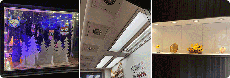 Examples of lighting techniques for window displays.