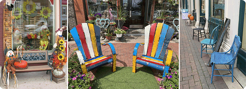 Examples of benches and chairs in front of a store.