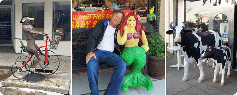 Examples of public art displayed in front of vacant buildings.