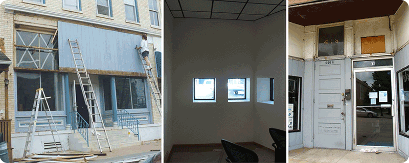 Examples of concealed transoms on vacant storefronts.