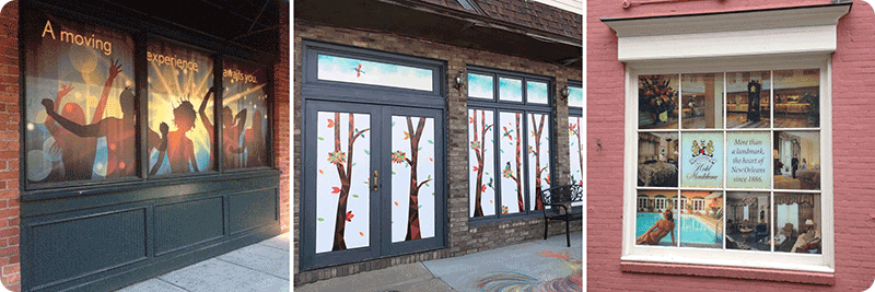 Examples of vinyl clings on windows to block the view of construction.