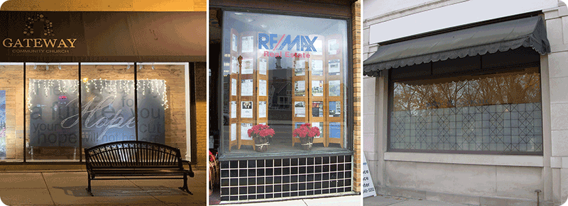 Examples of using panels, dividers, or etched glass to screen windows.